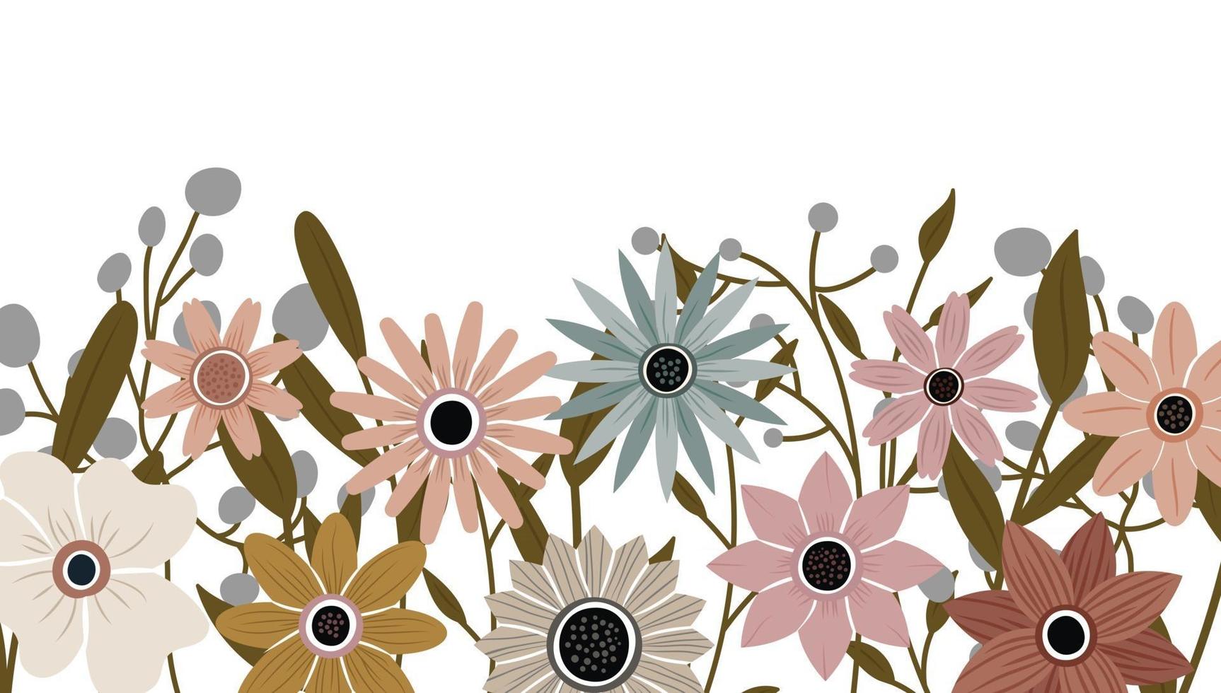 toile de fond horizontale décorée de fleurs épanouies et bordure de feuilles. vecteur de fond nature art abstrait. cadre de plantes à la mode. jardin de fleurs. conception de motifs floraux botaniques pour la bannière de vente d'été