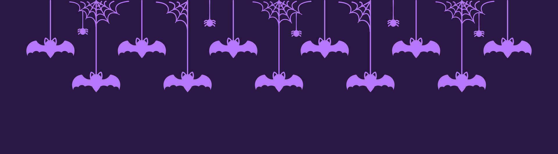 content Halloween bannière frontière avec chauves-souris pendaison de araignée toiles. effrayant ornements décoration vecteur illustration, tour ou traiter fête invitation