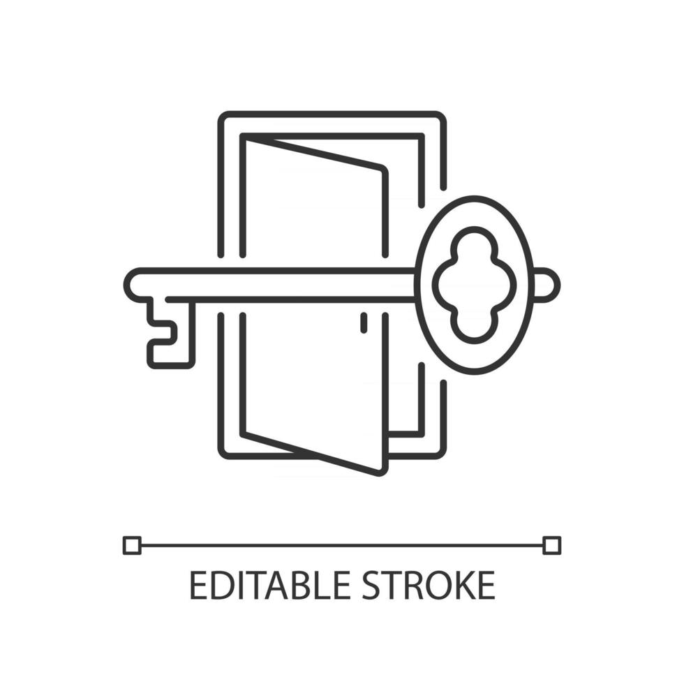 trouver la clé pour sortir l'icône linéaire. accéder à la porte ouverte. résoudre des énigmes, des indices pour les énigmes. illustration personnalisable de fine ligne. symbole de contour. dessin de contour isolé de vecteur. trait modifiable vecteur