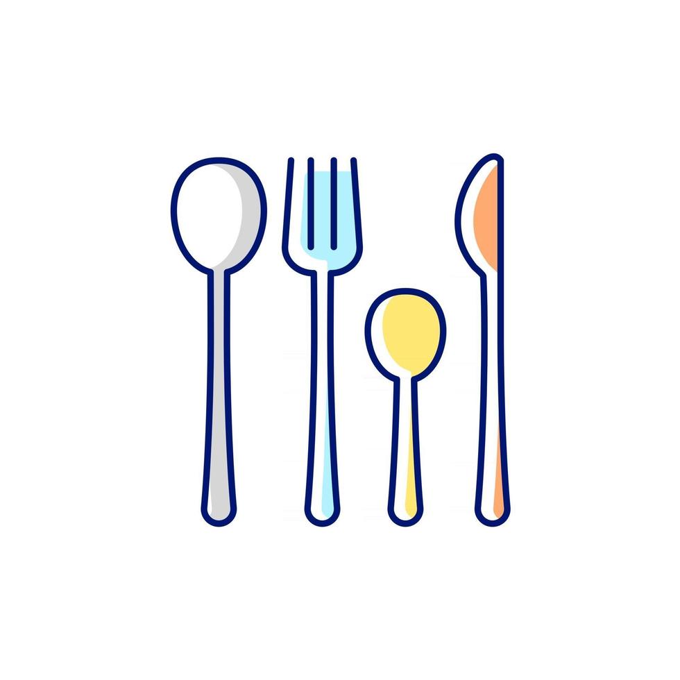 fourchettes, couteaux et cuillères icône de couleur rvb. illustration vectorielle isolée. accessoires de dîner pour manger à la maison. équipement de cuisine. belle conception de dessin au trait rempli simple de vaisselle. vecteur