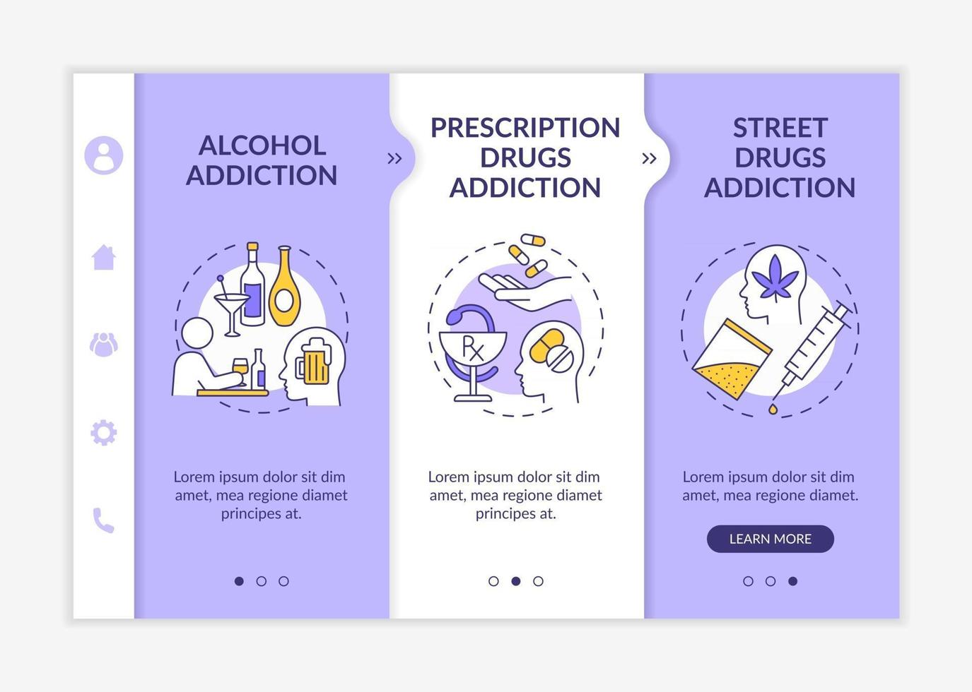 modèles vectoriels d'intégration des types de dépendance. site Web mobile réactif avec des icônes. page Web pas à pas, écrans en 3 étapes. concept de couleur de dépendance à l'alcool avec des illustrations linéaires vecteur
