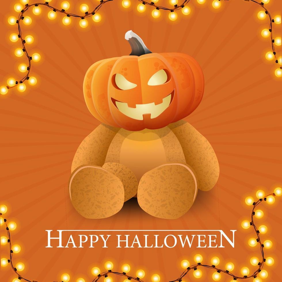 joyeux halloween, orange obtenant une carte postale carrée avec un ours en peluche avec une tête de citrouille jack vecteur