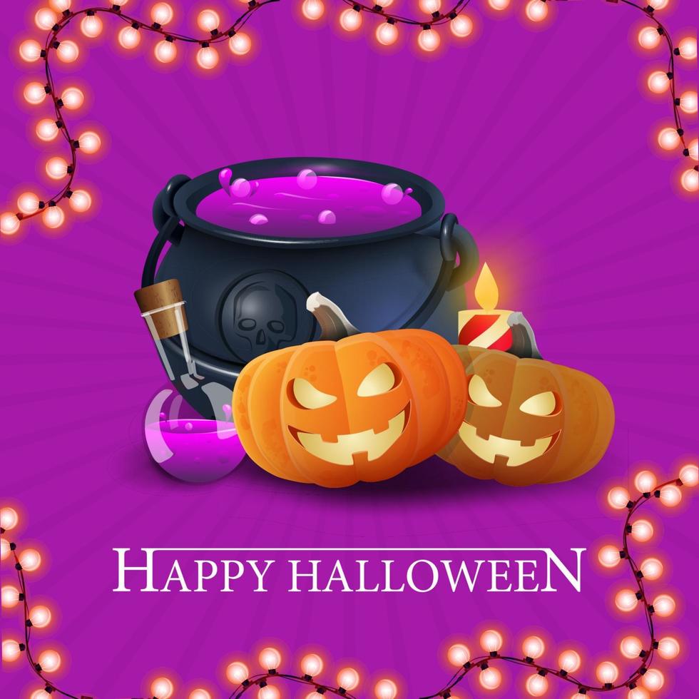 joyeux halloween, violet obtenant une carte postale carrée avec le chaudron de la sorcière et la citrouille jack vecteur