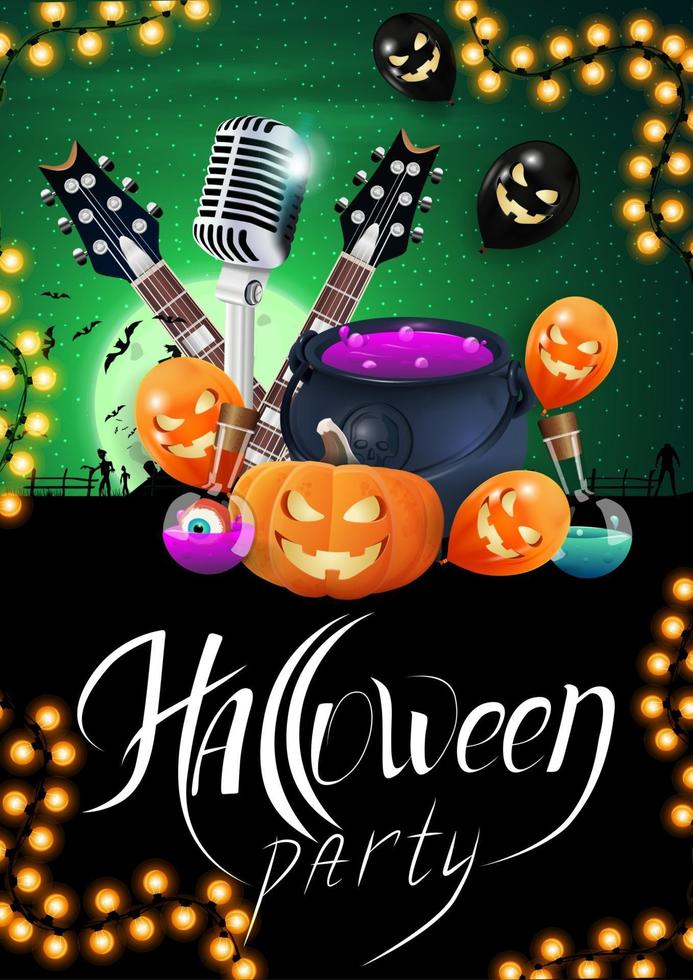 fête d'halloween, bannière d'invitation à une fête créative avec microphone, guitares, citrouilles, chaudron de sorcière, flacons avec potion et ballons d'halloween. modèle vertical vert pour l'affiche de la fête d'halloween vecteur