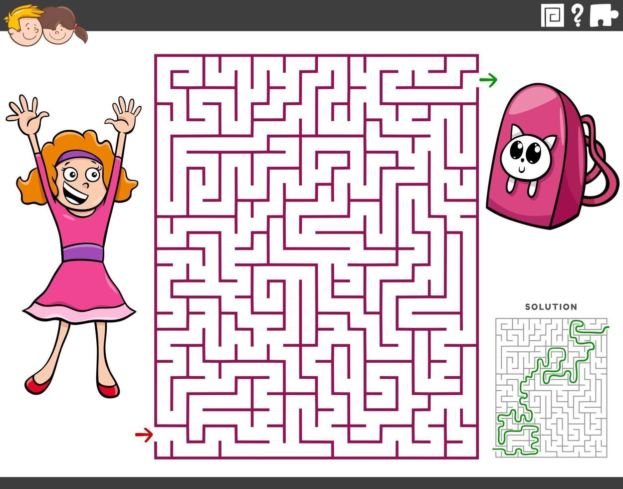 jeu éducatif de labyrinthe avec une fille de dessin animé et un sac à dos vecteur