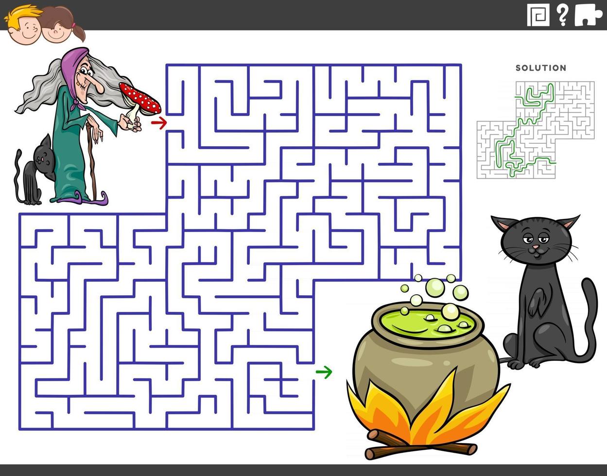 jeu éducatif labyrinthe avec sorcière de dessin animé et chaudron vecteur