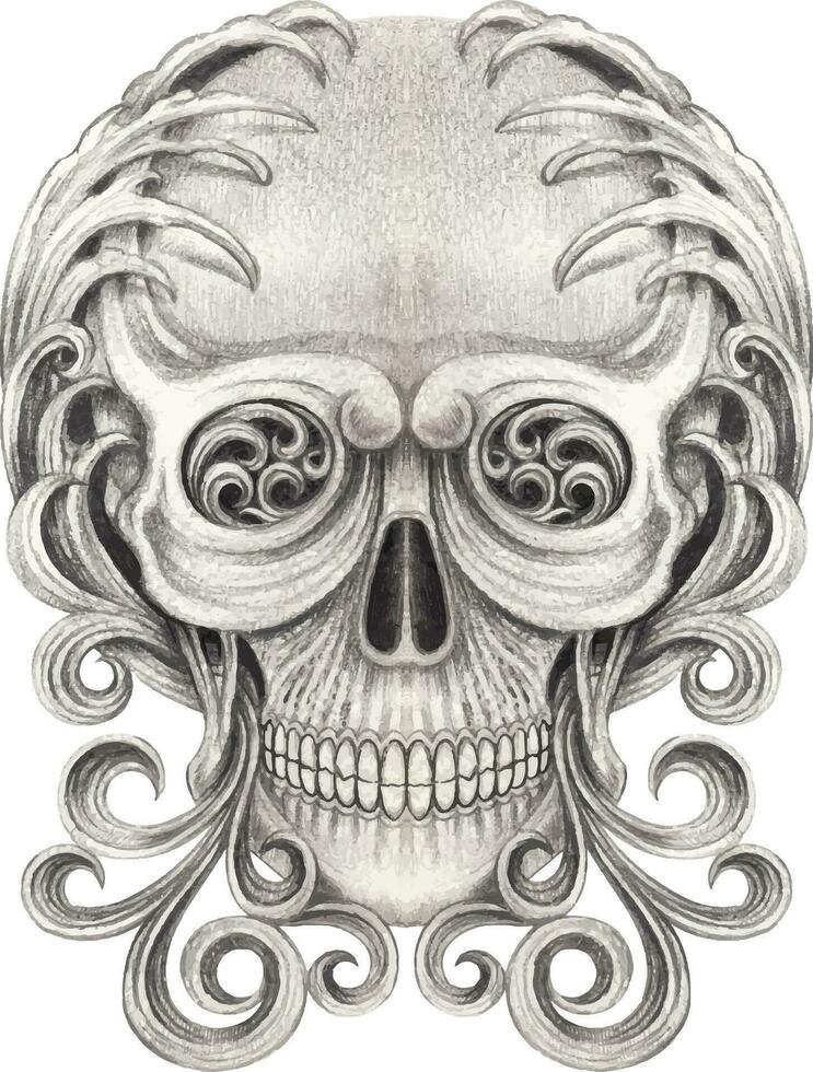 surréaliste crâne tatouage main dessin et faire graphique vecteur. vecteur