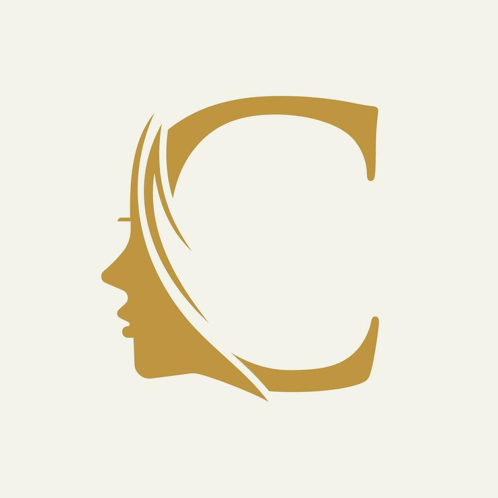 femme visage logo sur lettre c beauté spa symbole avec femme visage icône vecteur