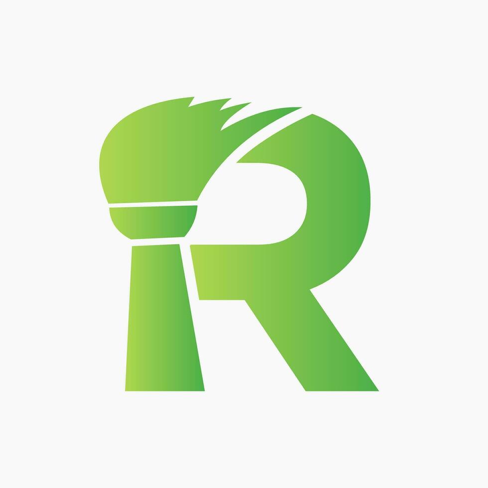 maison nettoyage logo sur lettre r concept avec nettoyer brosse icône. Femme de ménage un service symbole vecteur