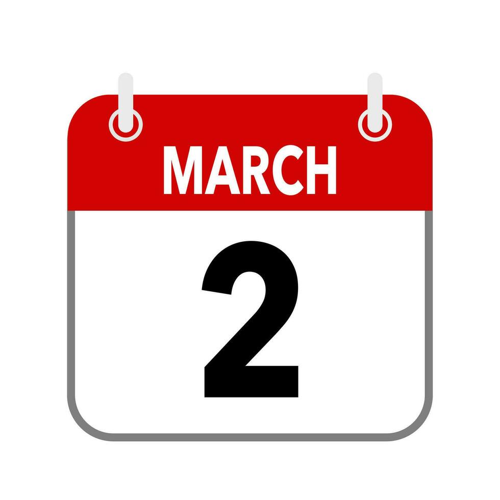 2 mars, calendrier Date icône sur blanc Contexte. vecteur