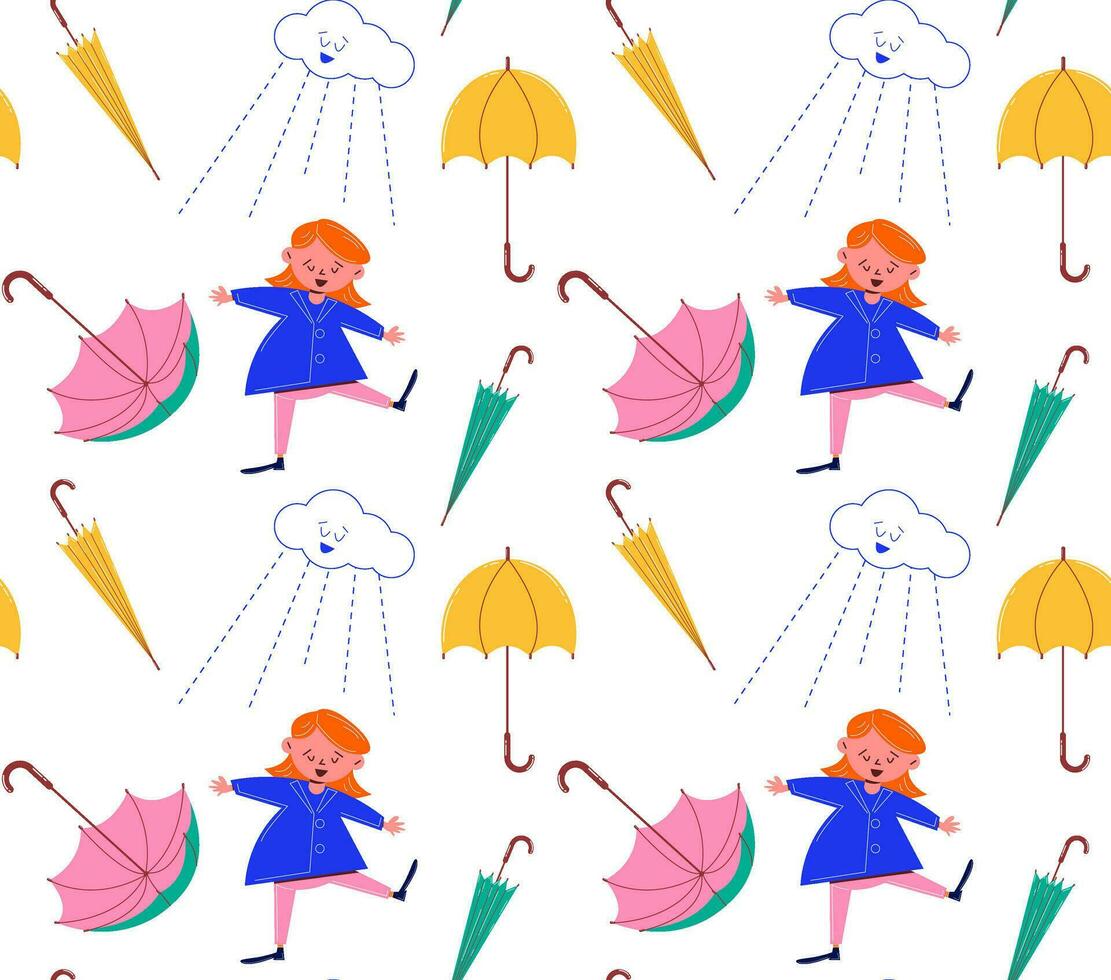 sans couture modèle avec parapluie et fille personnage. vecteur illustration dans années 60, Années 70 rétro style. enfants ancien Contexte.