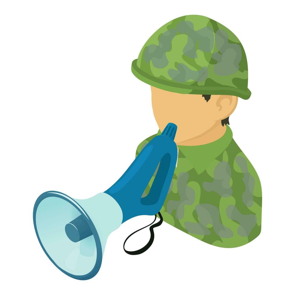 soldat discours icône isométrique vecteur. Masculin soldat personnage avec haut-parleur vecteur