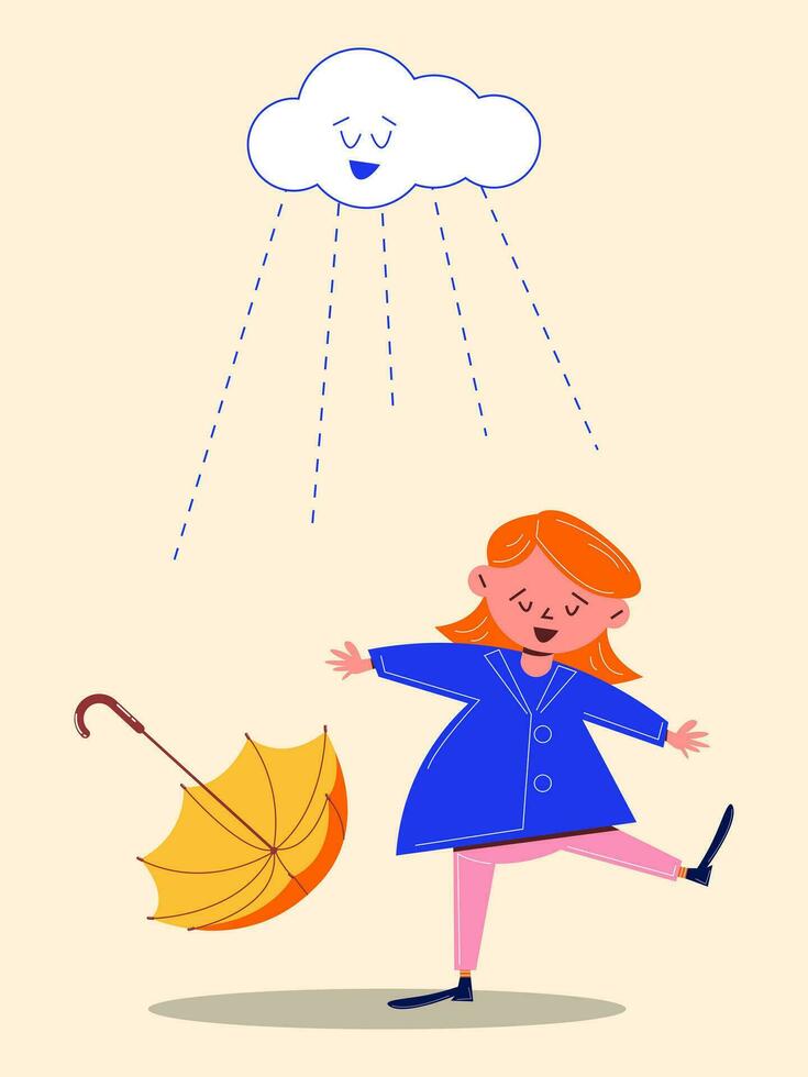 mignonne fille personnage avec parapluie dans le pluie. vecteur illustration dans ancien style. rétro esthétique de le années 60, années 70.