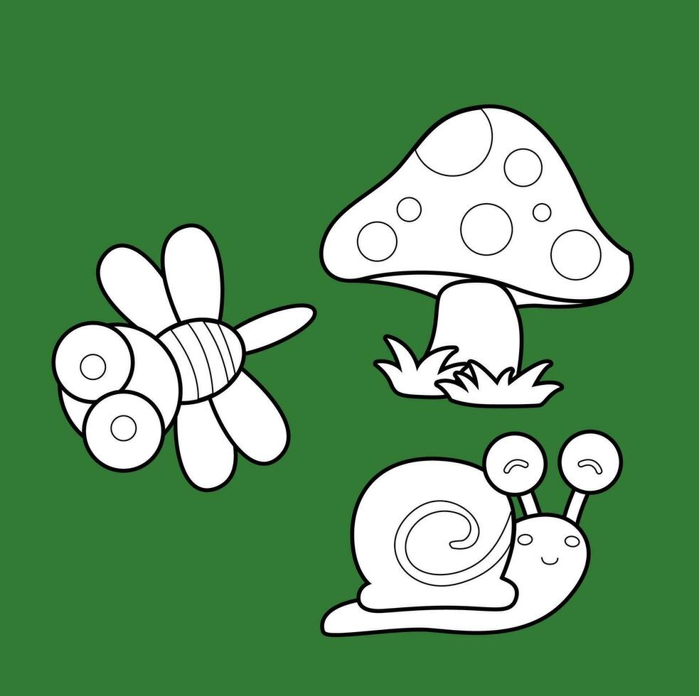 libellule escargot animal jardin et champignons les plantes dessin animé numérique timbre contour vecteur