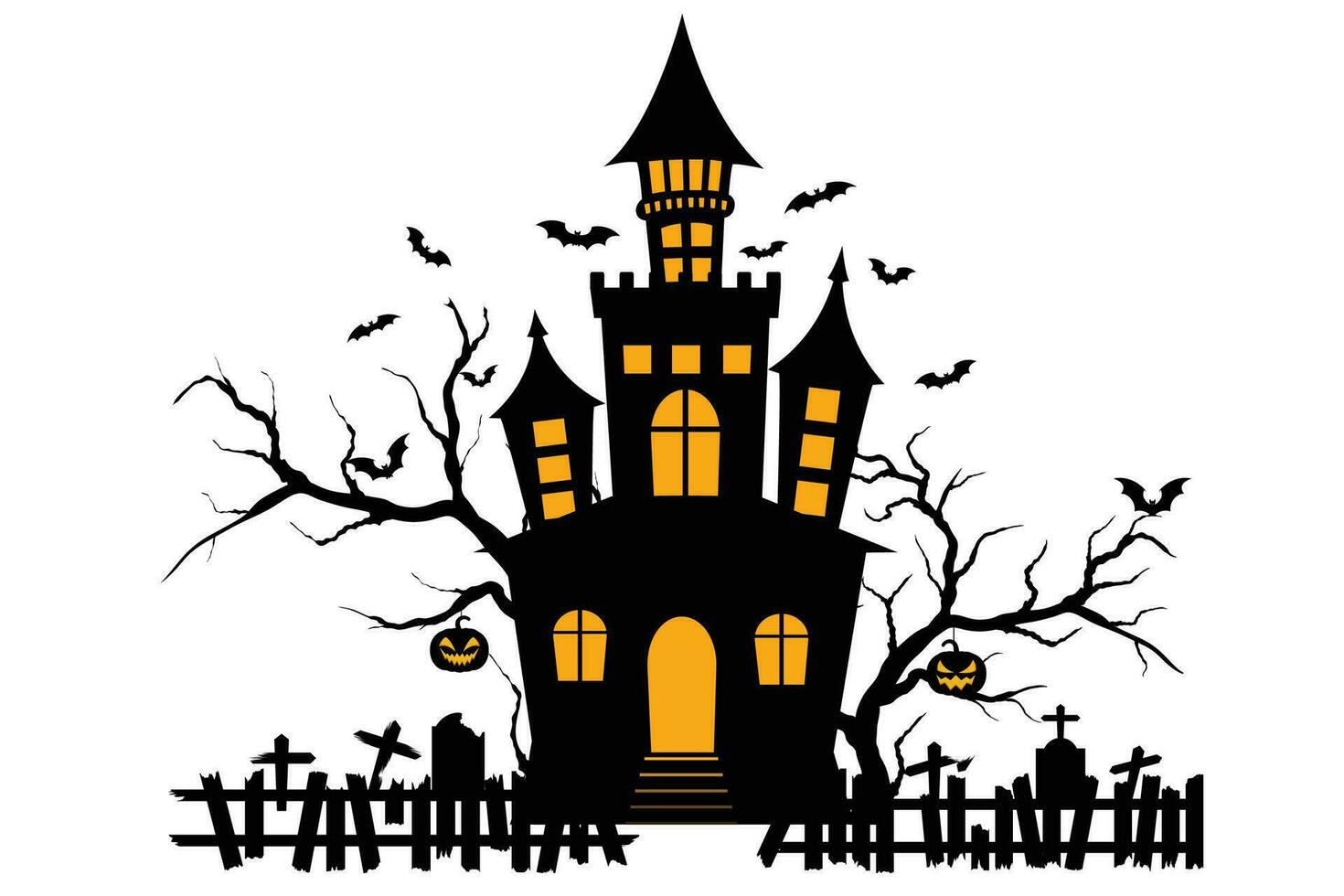 hanté maison Halloween avec chauve souris, arbre, grave, pomper, éléments vecteur