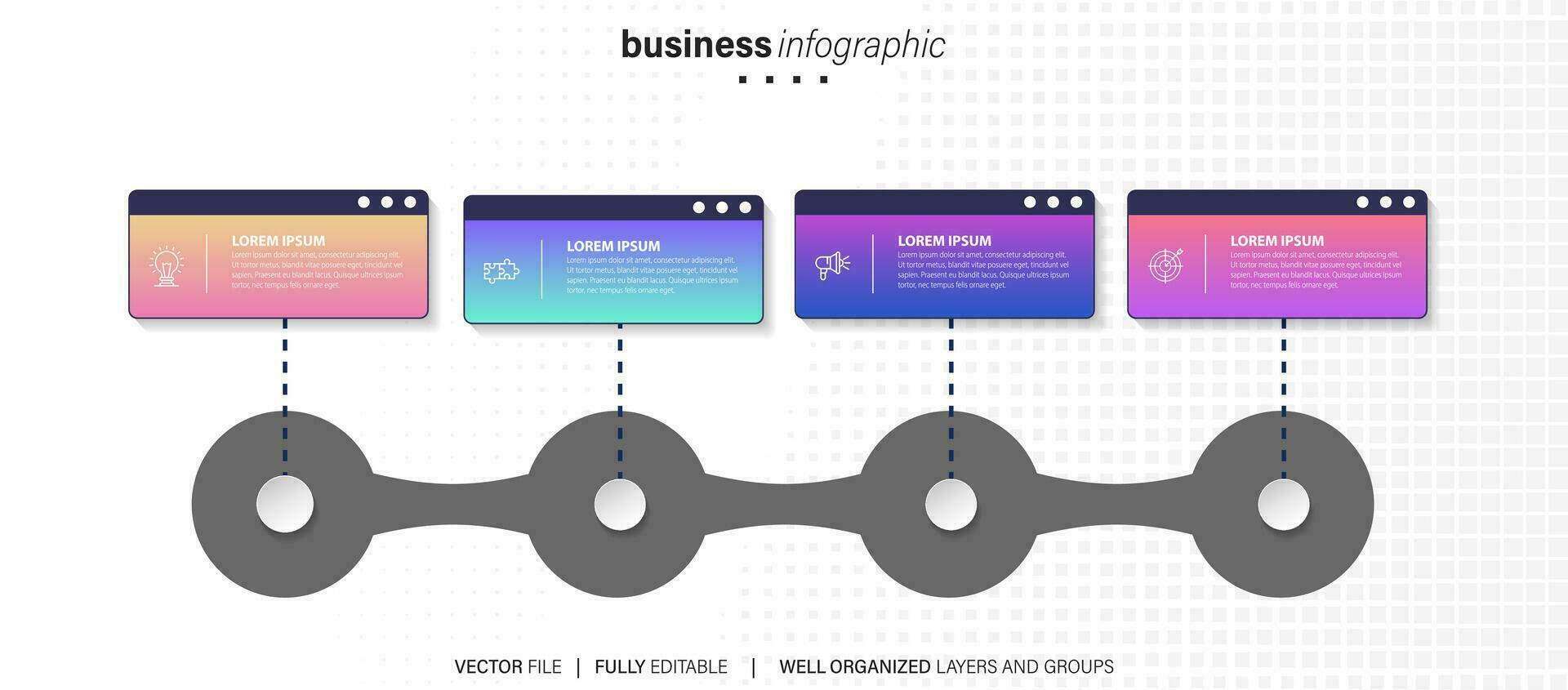 modèle d'entreprise de conception infographique vectorielle avec icônes et 4 options ou étapes. peut être utilisé pour le diagramme de processus, les présentations, la mise en page du flux de travail, la bannière, l'organigramme, le graphique d'informations vecteur