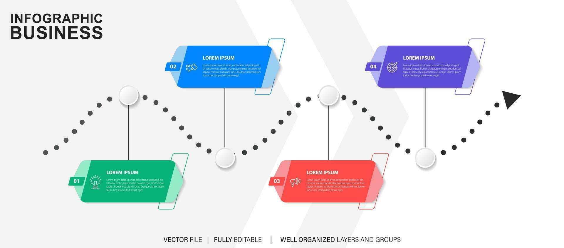 concept de La Flèche affaires modèle avec 4 successif pas. quatre coloré graphique éléments. chronologie conception pour brochure, présentation. infographie conception disposition vecteur