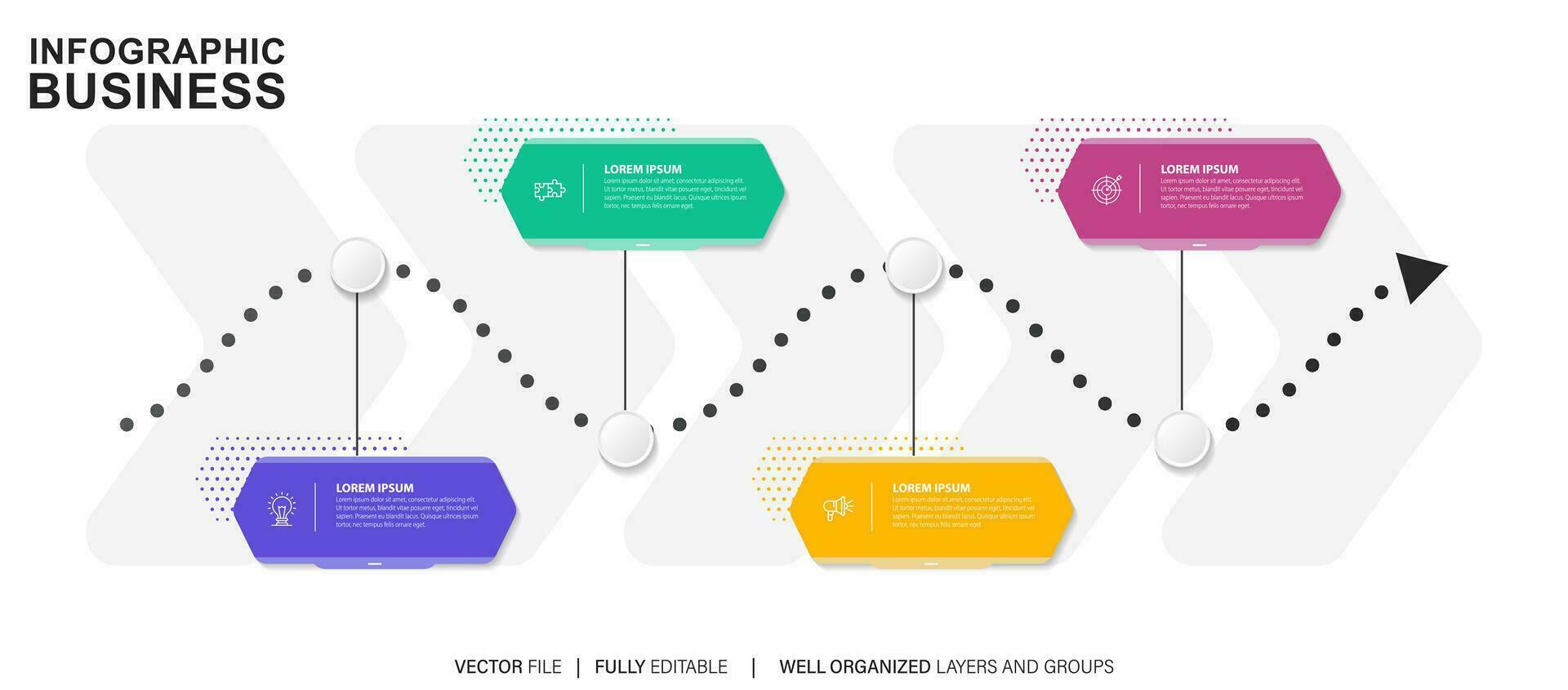 concept de La Flèche affaires modèle avec 4 successif pas. quatre coloré graphique éléments. chronologie conception pour brochure, présentation. infographie conception disposition vecteur