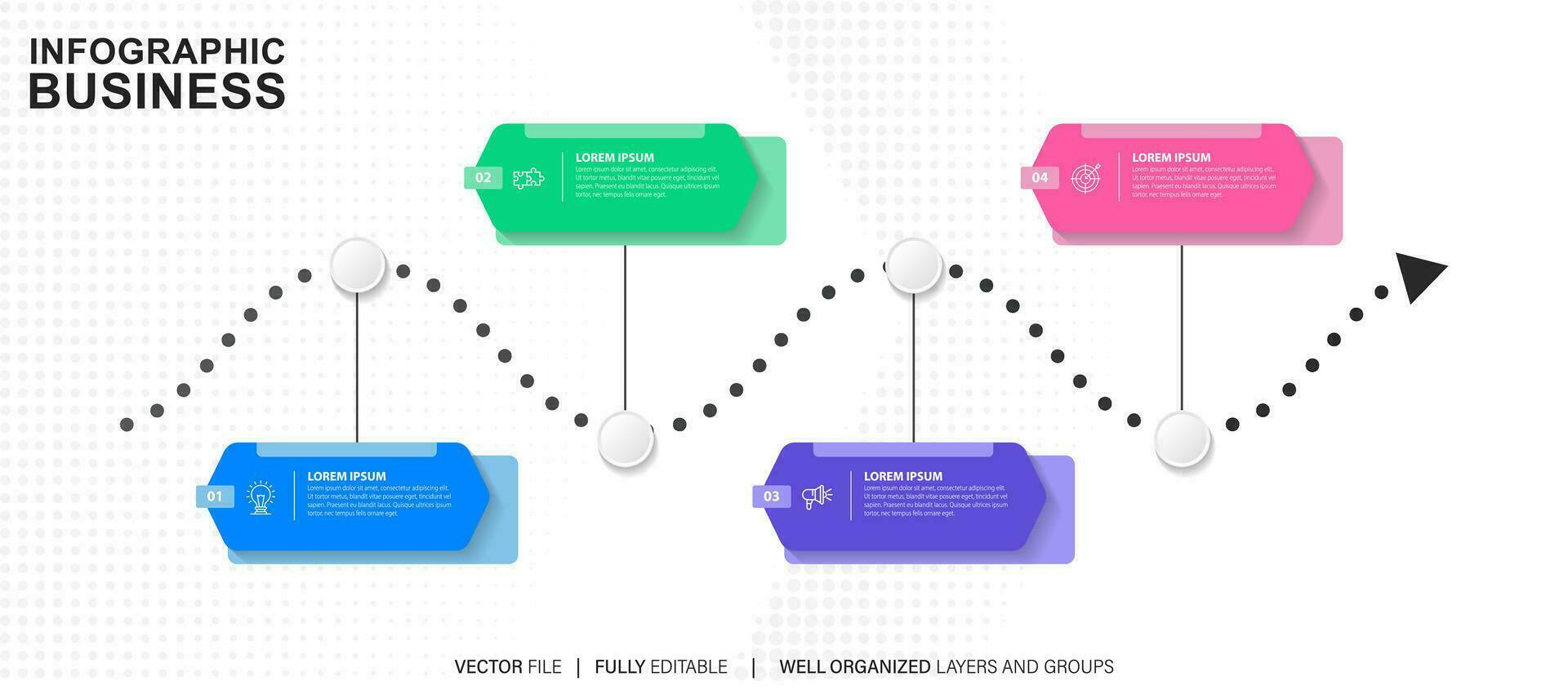 concept de La Flèche affaires modèle avec 4 successif pas. quatre coloré graphique éléments. chronologie conception pour brochure, présentation. infographie conception disposition vecteur