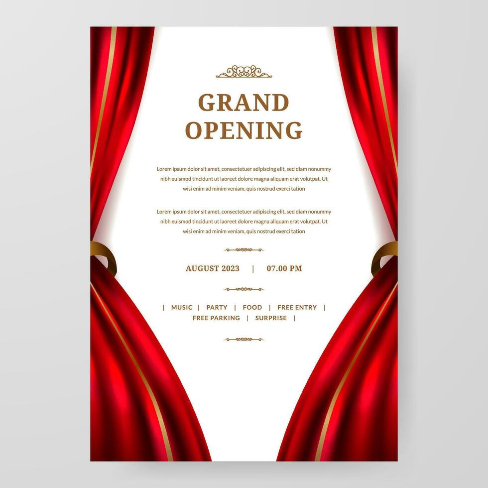 grandiose ouverture avec rouge rideau et d'or ornement décoration affiche annonce fête étape théâtre avec blanc Contexte vecteur