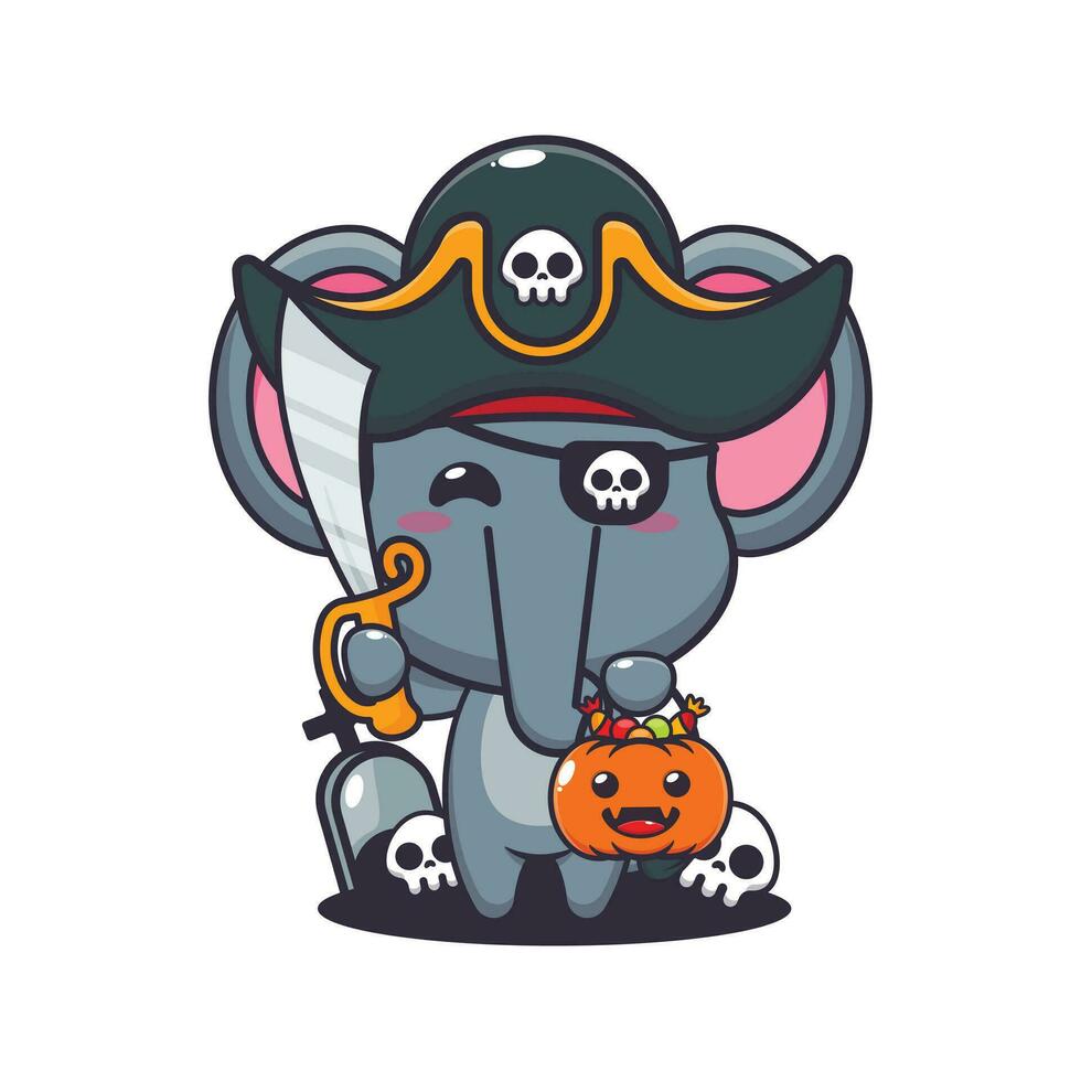 pirates l'éléphant dans Halloween journée. mignonne Halloween dessin animé illustration. vecteur