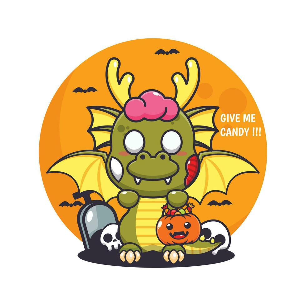 zombi dragon vouloir bonbons. mignonne Halloween dessin animé illustration. vecteur