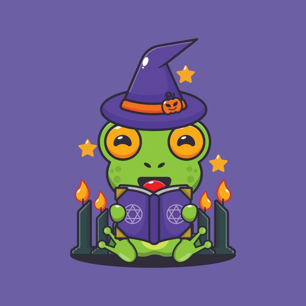 sorcière grenouille en train de lire épeler livre. mignonne Halloween dessin animé illustration. vecteur