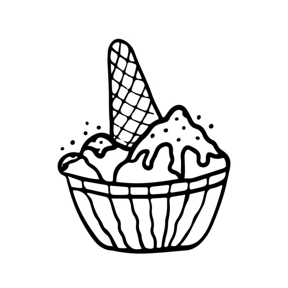 main tiré la glace crème servi dans verre, gaufre et papier boules. griffonnage esquisser style vecteur illustration pour café menu, carte, anniversaire carte décoration.