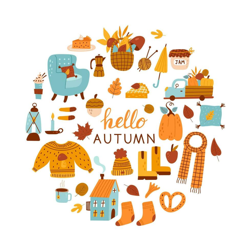 Bonjour l'automne carte avec feuille, citrouilles, chandail et autres. vecteur illustration