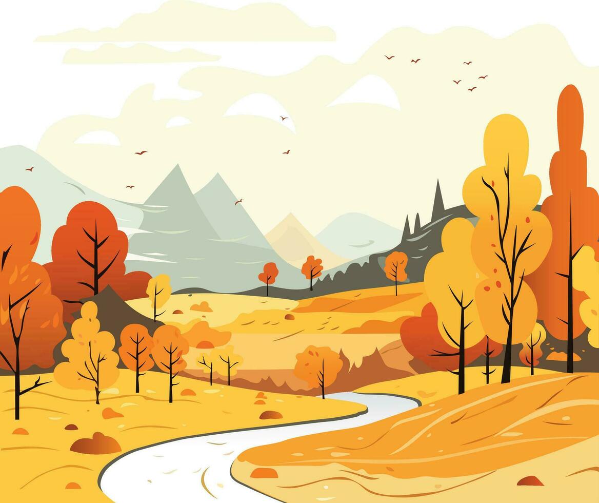 vecteur des illustrations de nature, l'automne Naturel paysage, montagnes, des arbres, rivière, des champs pour Contexte ou bannière. chaud couleur, mignonne dessin animé style