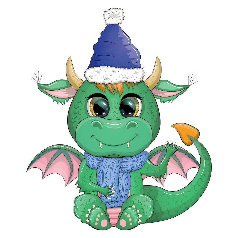 mignonne dessin animé vert dragon dans Père Noël chapeau. 2024 Nouveau année, chinois calendrier vecteur
