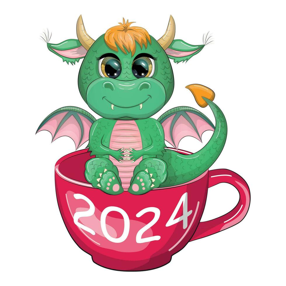 mignonne dessin animé vert dragon dans Père Noël chapeau. 2024 Nouveau année, chinois calendrier vecteur