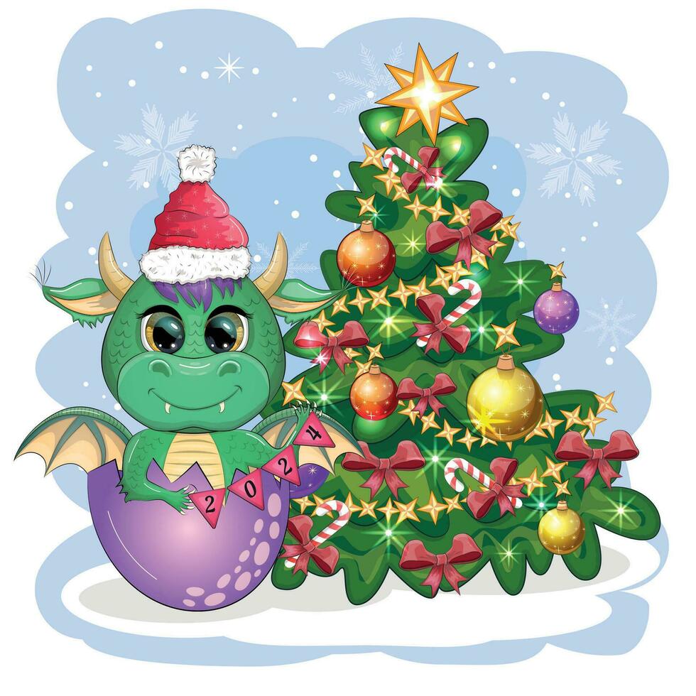 une mignonne dessin animé vert dragon dans une Père Noël chapeau détient une rouge cadeau et est assis suivant à le Noël arbre. 2024 Nouveau année vecteur