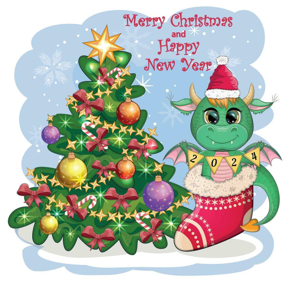 une mignonne dessin animé vert dragon dans une Père Noël chapeau détient une rouge cadeau et est assis suivant à le Noël arbre. 2024 Nouveau année vecteur