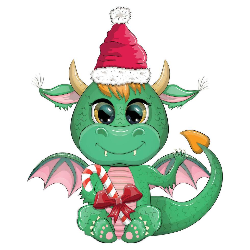 mignonne dessin animé vert dragon dans Père Noël chapeau. 2024 Nouveau année, chinois calendrier vecteur