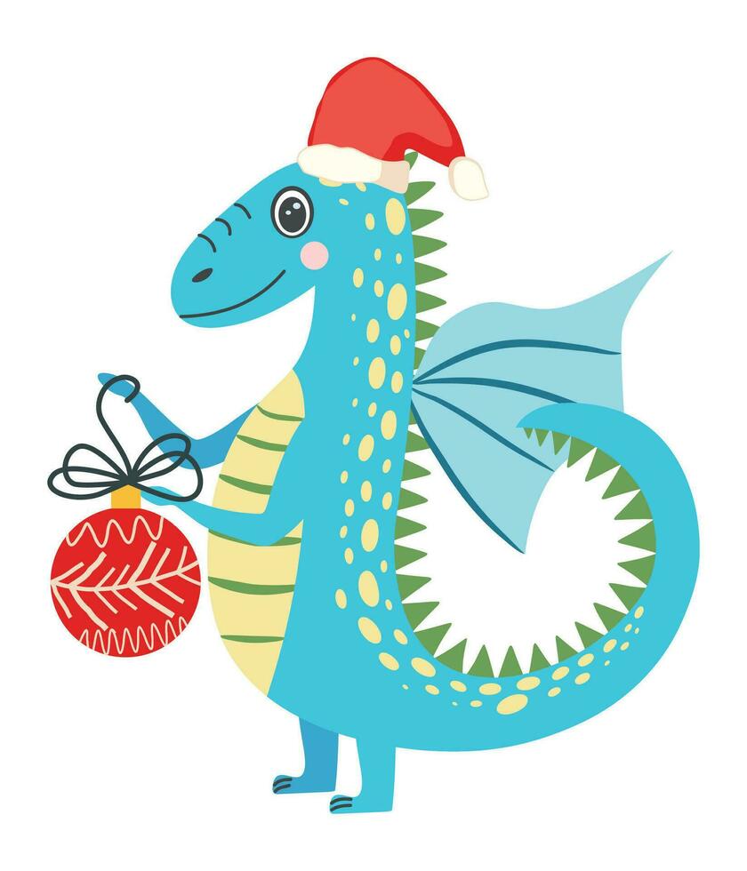 année de le dragon 2024, chinois calendrier. mignonne vert Noël dragon dans Père Noël chapeau vecteur