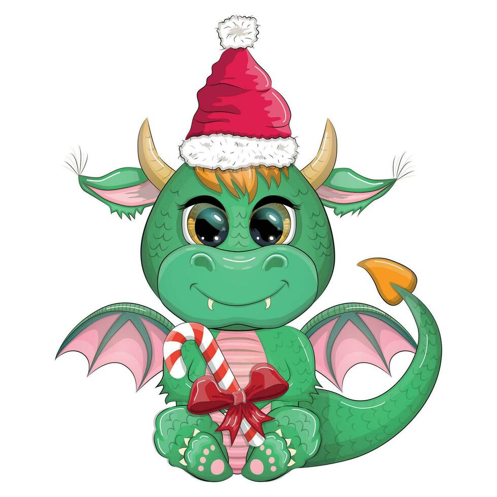 mignonne dessin animé vert dragon dans Père Noël chapeau. 2024 Nouveau année, chinois calendrier vecteur