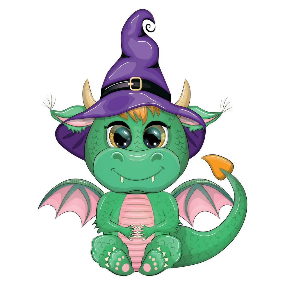 mignonne dessin animé vert dragon dans une violet la magie chapeau, Halloween. citrouille, potion, balai. symbole de 2024 selon à le chinois calendrier vecteur