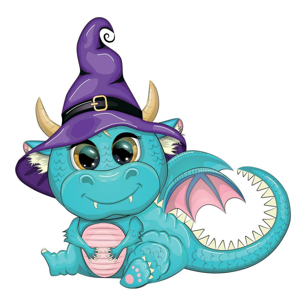 mignonne dessin animé vert dragon dans une violet la magie chapeau, Halloween. citrouille, potion, balai. symbole de 2024 selon à le chinois calendrier vecteur