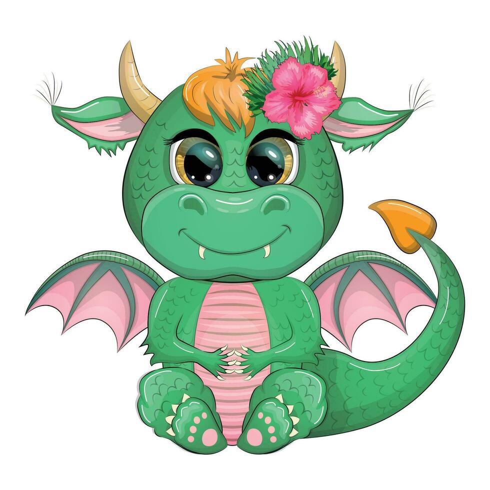mignonne dessin animé vert bébé dragon avec ukulélé, vacances attirail. symbole de 2024 selon à le chinois vecteur