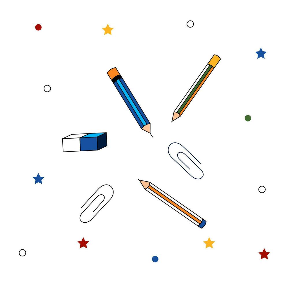 vecteur des crayons, papier clips, la gomme isolé sur blanche. moderne école illustration avec noir contour