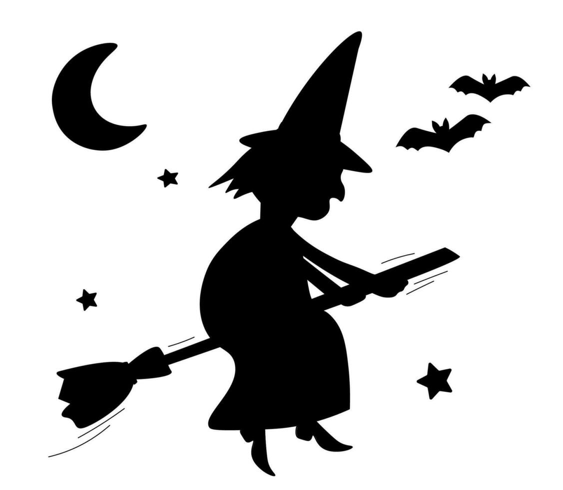 silhouette de une sorcière en volant sur une balai à nuit contre le Contexte de le lune, étoiles, chauves-souris. vecteur graphique.