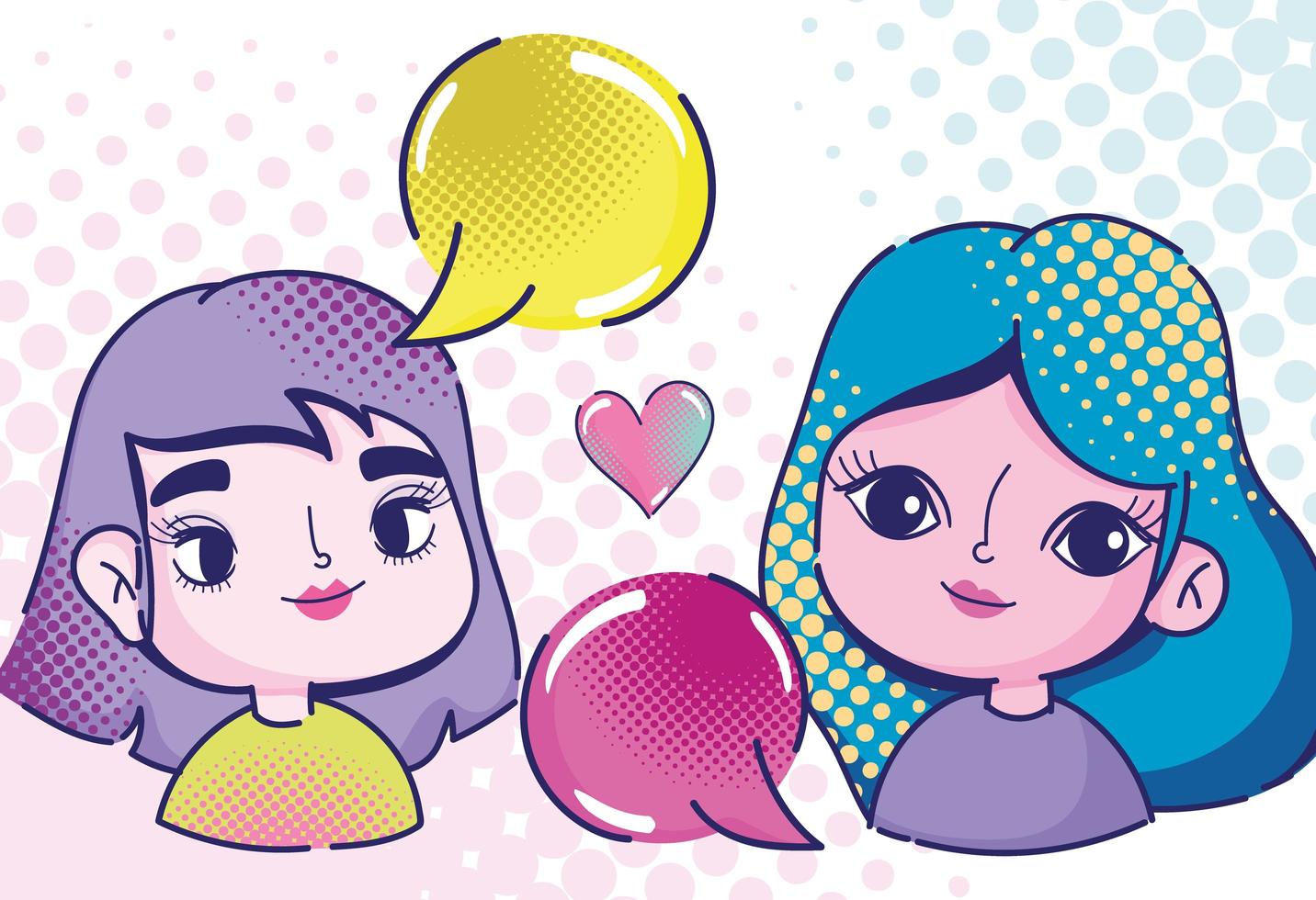 bulles de dialogue de personnages de filles mignonnes pop art et style de demi-teintes de coeur vecteur