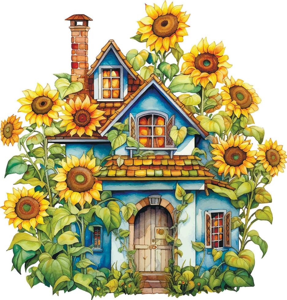 aquarelle dessin. mignonne maison dans tournesol fleurs. Fée maison dans ancien style, l'automne carte vecteur