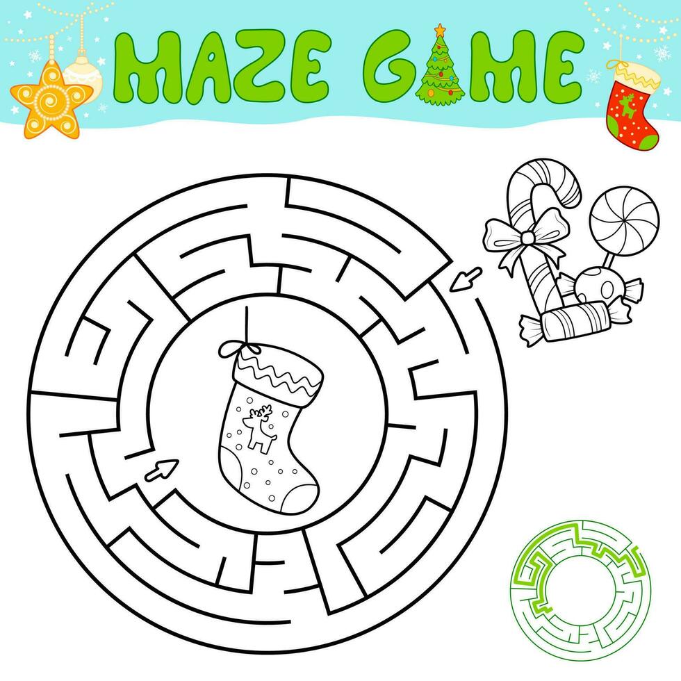 Noël noir et blanc Labyrinthe puzzle Jeu pour les enfants. contour cercle Labyrinthe ou labyrinthe Jeu avec Noël chaussette. vecteur