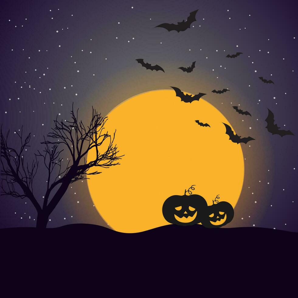 Halloween nuit avec gros Jaune lune en volant chauves-souris citrouille et mort arbre affiche vecteur