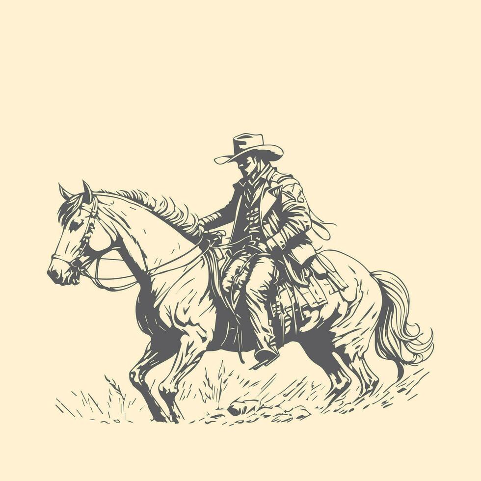 rodeo occidental cow-boy ancien main tiré ouvrages d'art. animal, Arizona, art, beige, noir, noir et blanc, cow-boy, cheval, illustration, paysage vecteur