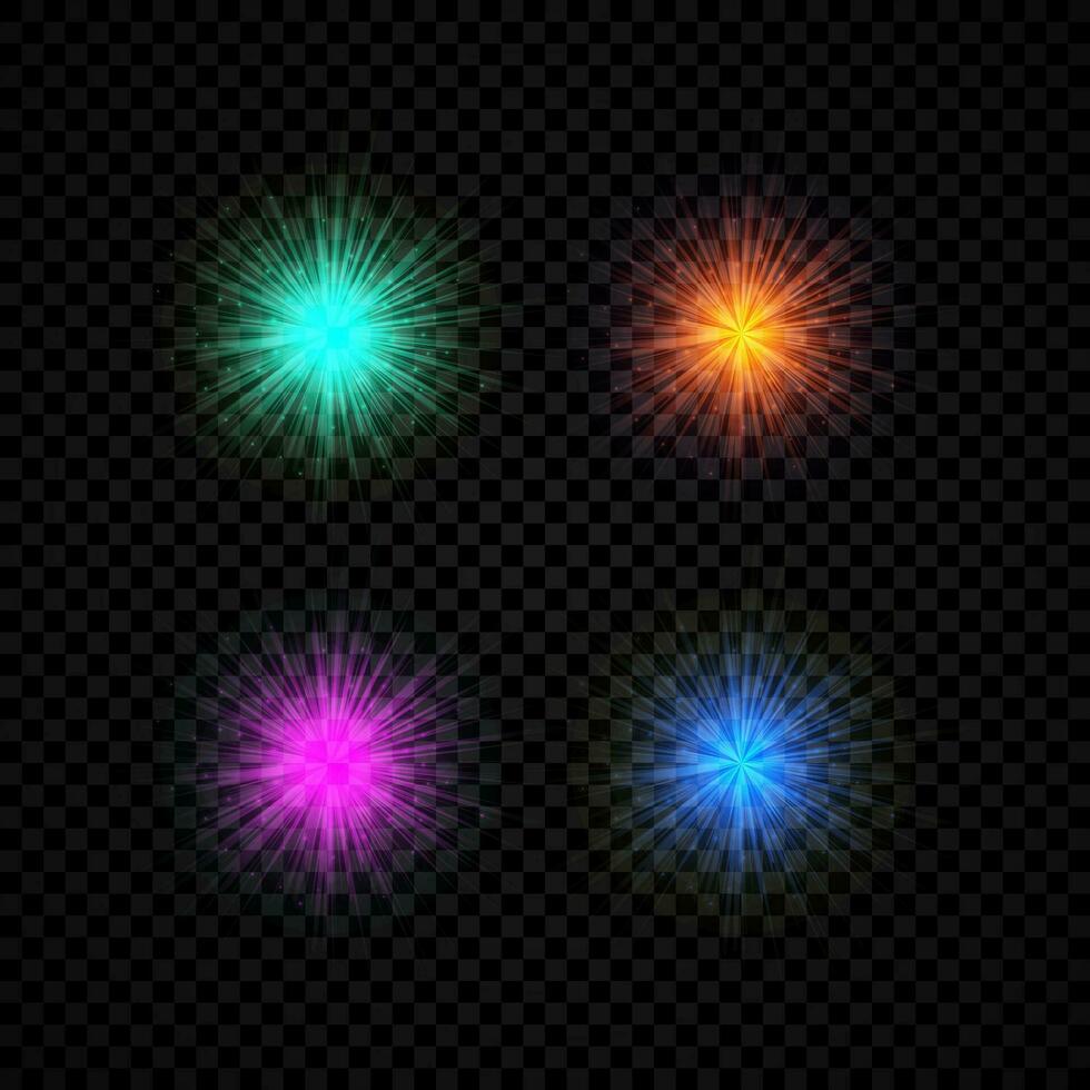 lumière effet de lentille fusées éclairantes. ensemble de quatre vert, orange, violet et bleu embrasé lumières starburst effets avec scintille sur une foncé vecteur