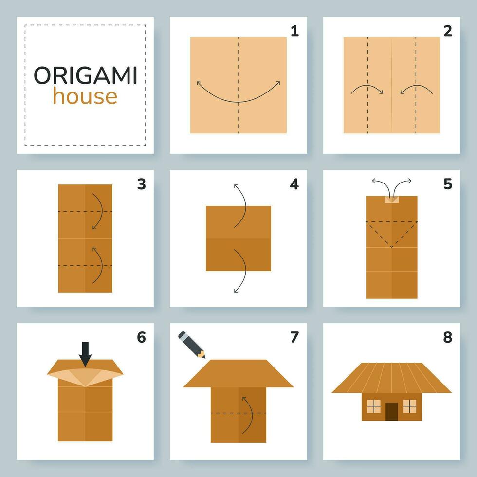 petit maison origami schème Didacticiel en mouvement modèle. origami pour enfants. étape par étape Comment à faire une mignonne origami maison. vecteur illustration.