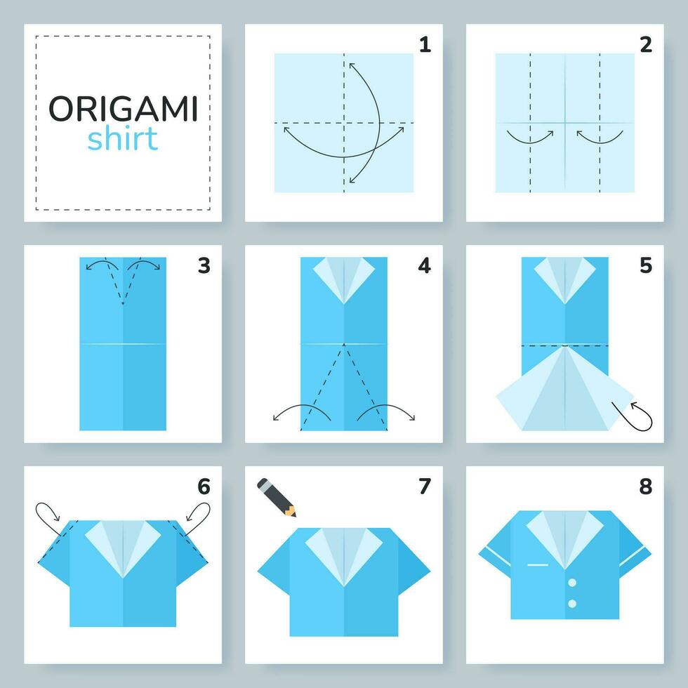 chemise origami schème Didacticiel en mouvement modèle. origami pour enfants. étape par étape Comment à faire une mignonne origami chiffon. vecteur illustration.